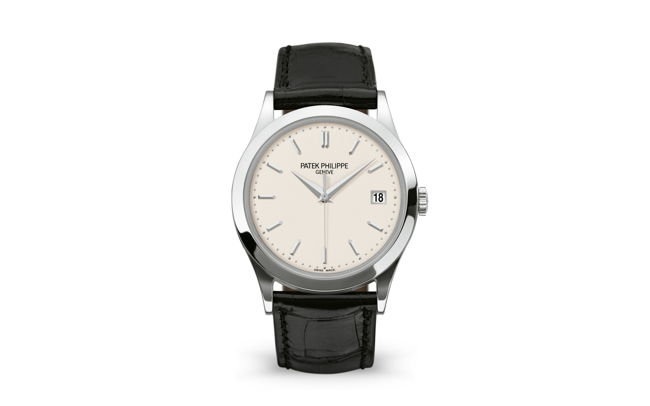 The black leather strap fitted on the silvery dial makes the watch more suitable for formal occasions.